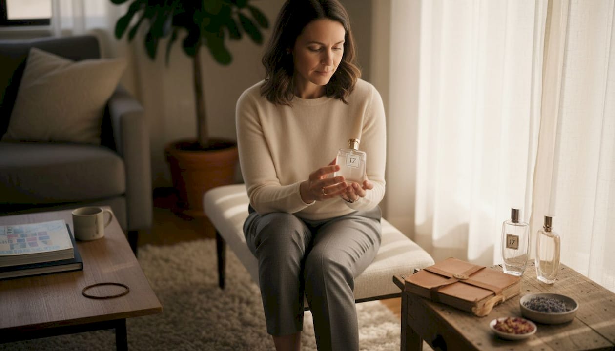 Woman with luxury fragrance collection at home