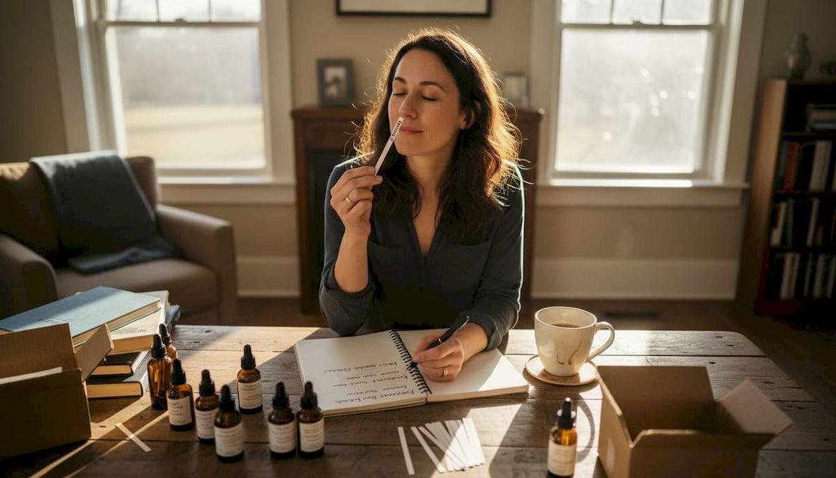 Woman testing scent strips at home table