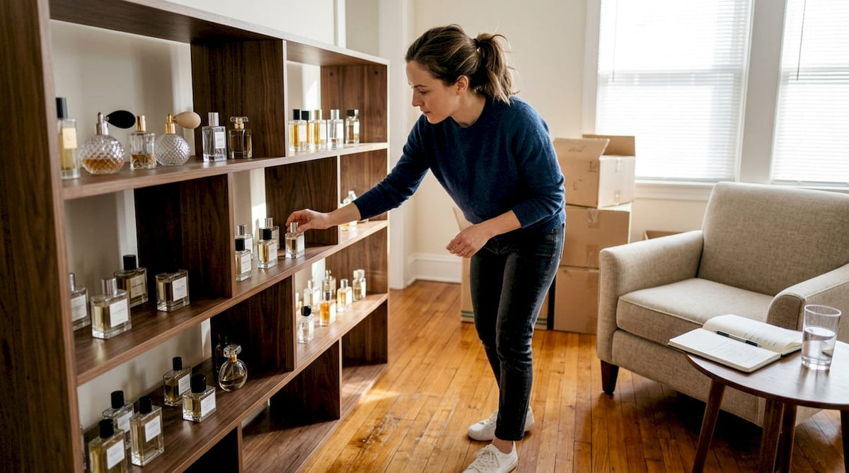 Woman organizing assorted perfume bottles on shelf