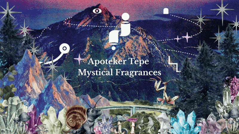 Surreal mountain landscape with crystals, trees, and Apoteker Tepe Mystical Fragrances text