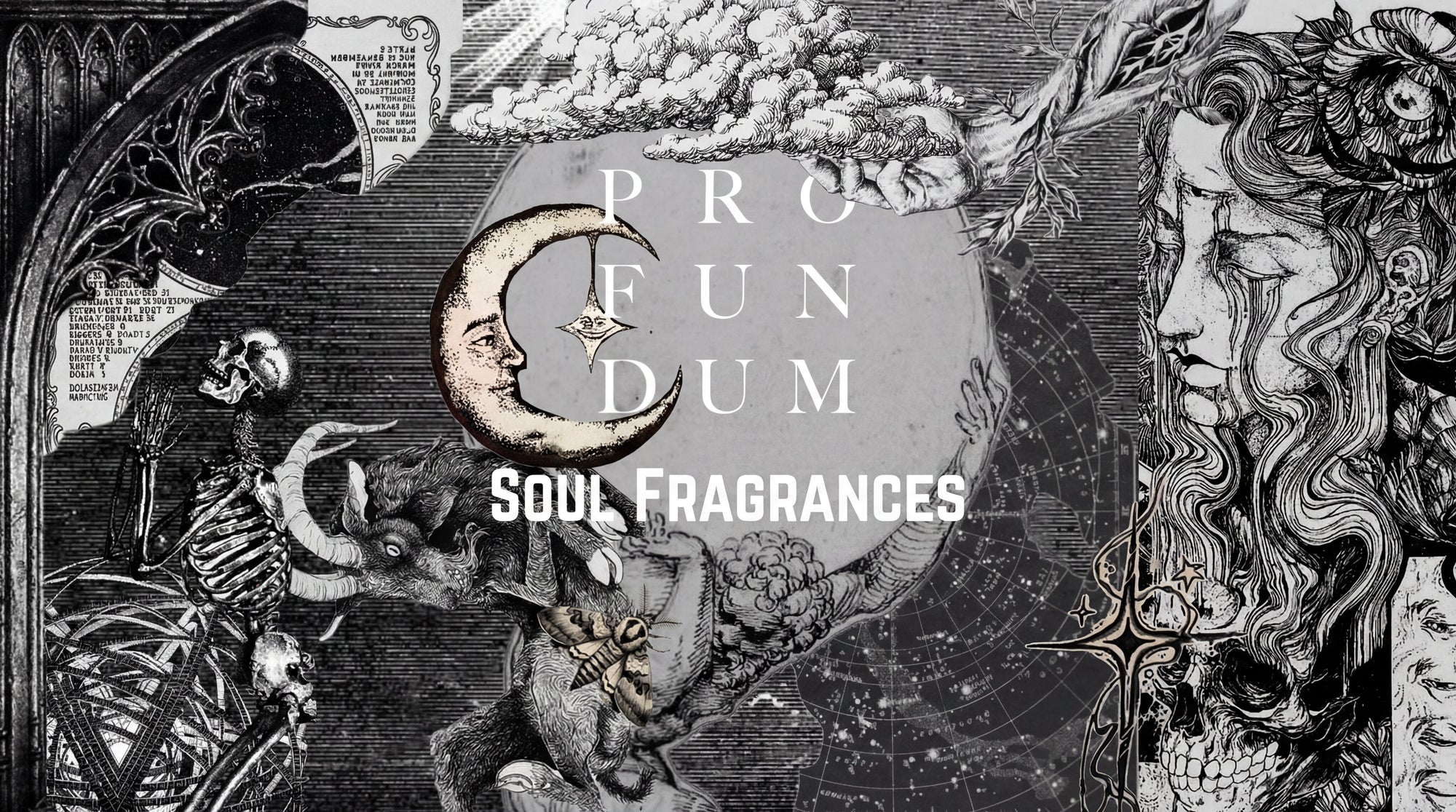 Surreal black and white collage of celestial moon, skeleton, floral woman, and cosmic accents with 'Soul Fragrances' text.