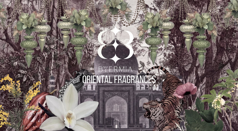 Oriental fragrances display with green lanterns, lush flowers, vanilla, tiger, and ornate architecture
