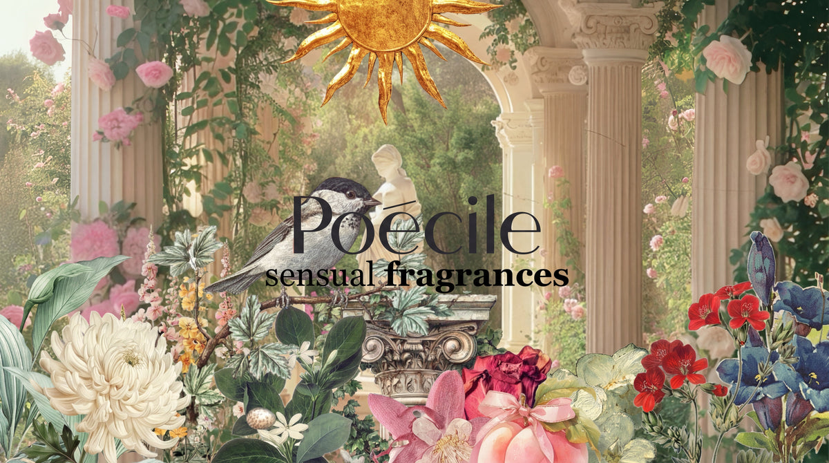 Luxurious garden with classical columns, vibrant flowers, a bird, and Poecile sensual fragrances text