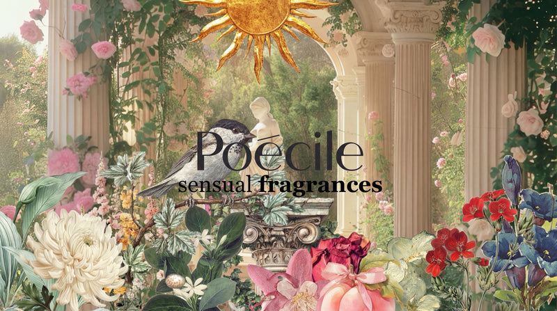 Luxurious garden with classical columns, vibrant flowers, a bird, and Poecile sensual fragrances text