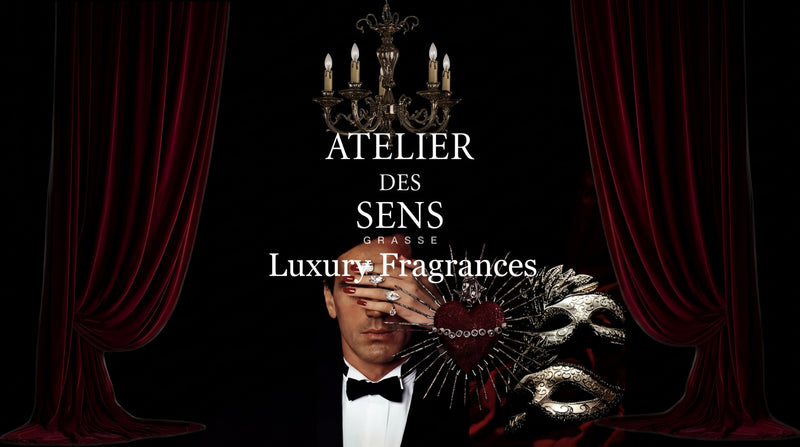 Elegant man in tuxedo, masked hand, chandeliers, luxury fragrance theme, red velvet curtains