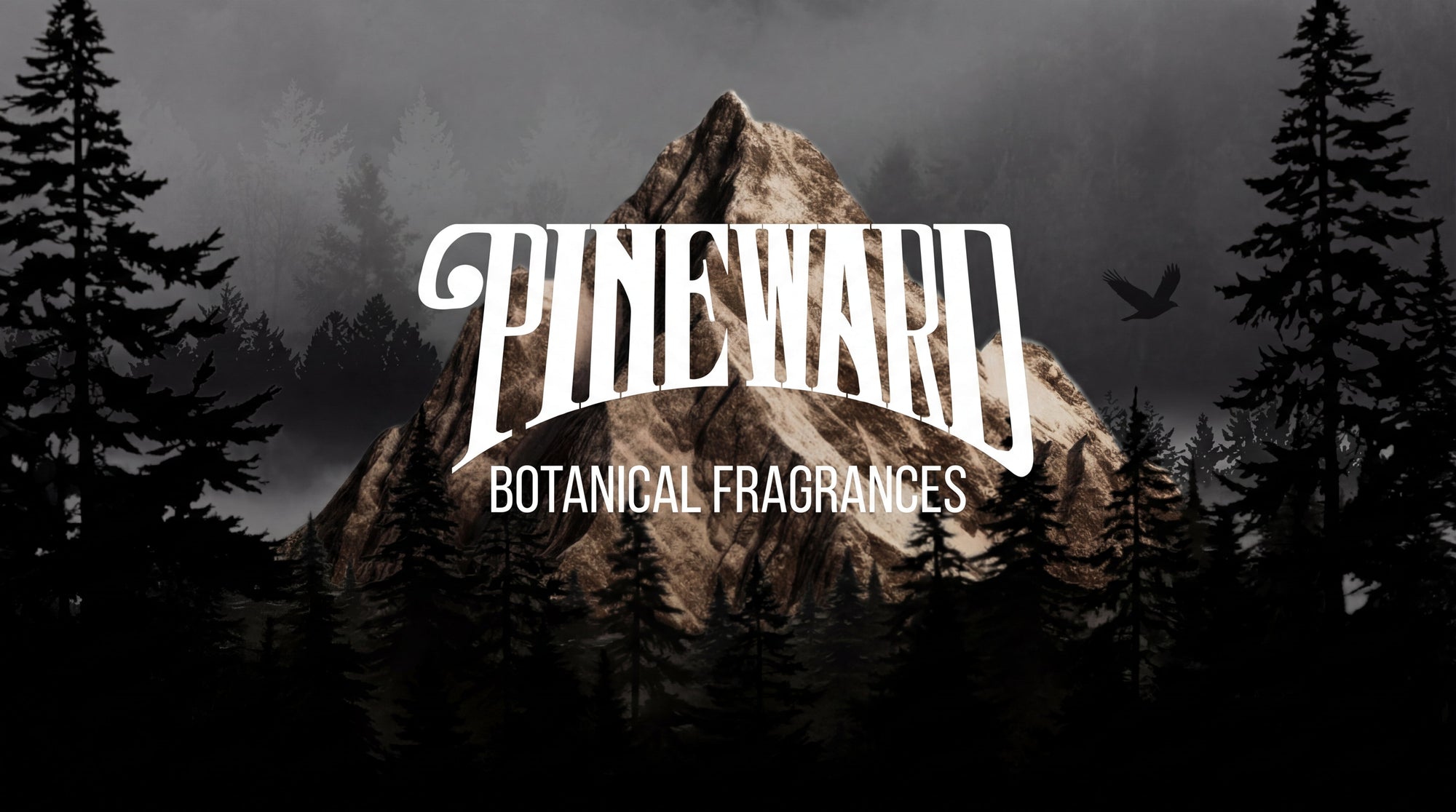 Mountain and pine forest with 'Pineward Botanical Fragrances' text overlay, nature-inspired design