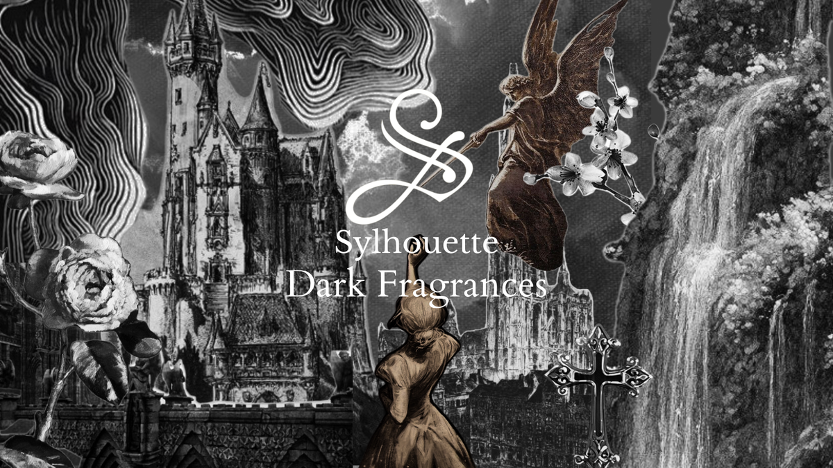 Gothic dark fragrance art with castle, angel, flowers, cross, waterfall, and mysterious woman.